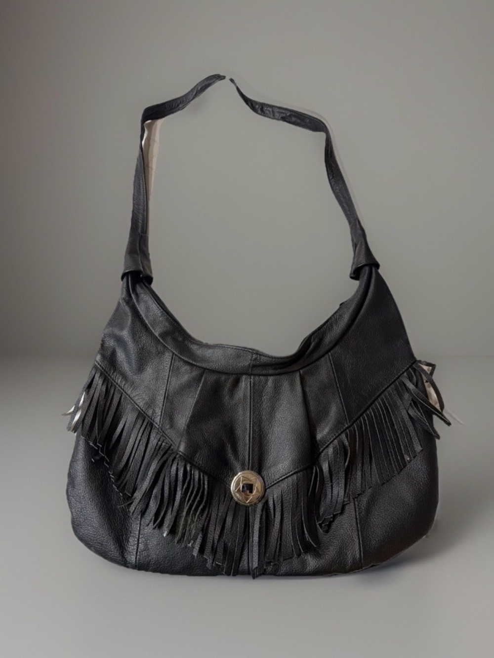 Black Fringe Leather Hobo Shoulder Bag made in Mexico